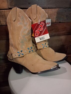 dingo Tan Suede Western Heeled Boots with Turquoise Stud Accents
